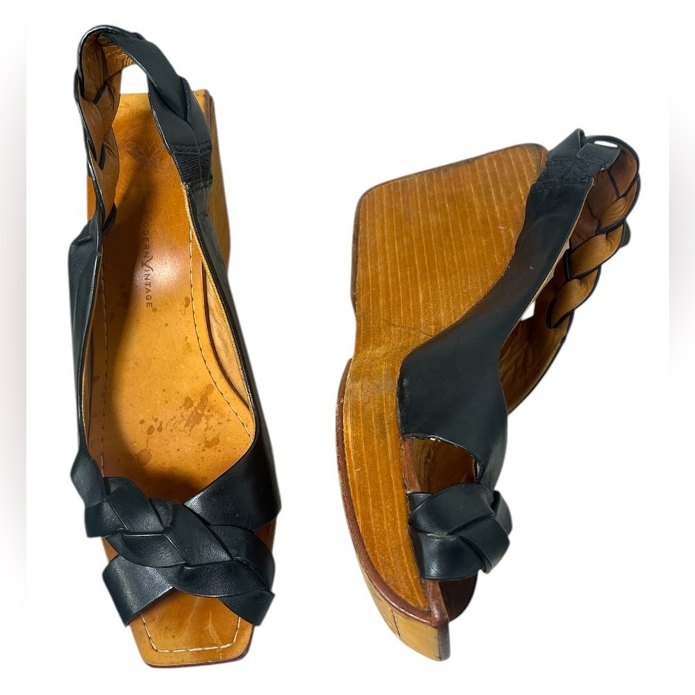 Modern Vintage Tracy Slingback Braided Black Leather Wooden Platform sz 8, 38.5